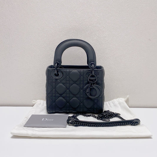 Dior - Lady Dior Mini Cannage Chain Handbag - Matte cowhide leather - Black - (mini)