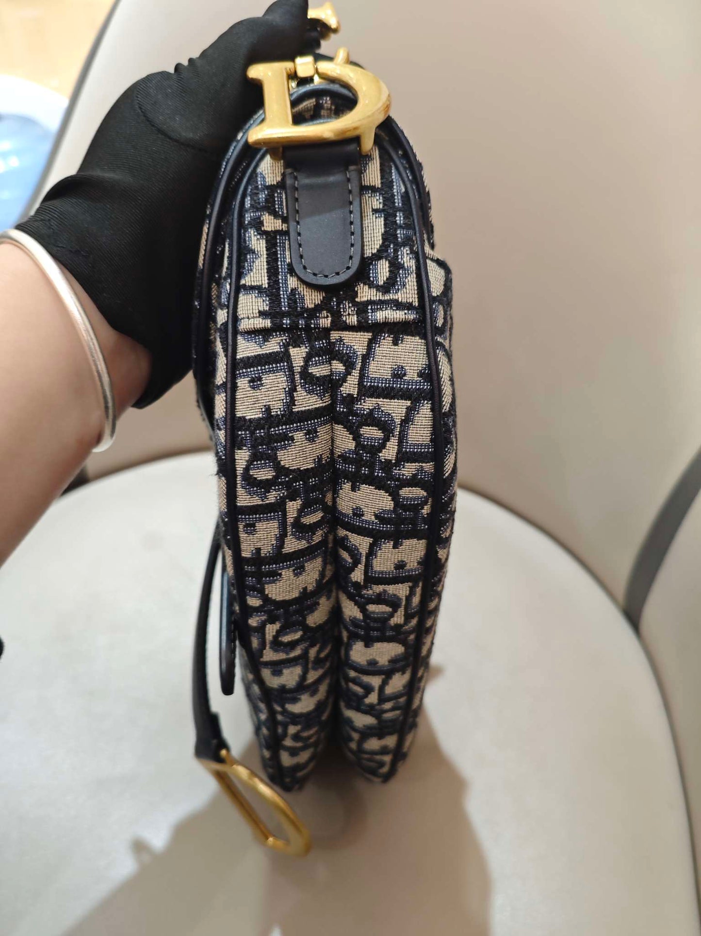 Dior - Saddle Bag - Dior Oblique Jacquard Canvas with Leather Trim - Navy Blue and Beige - (Medium)