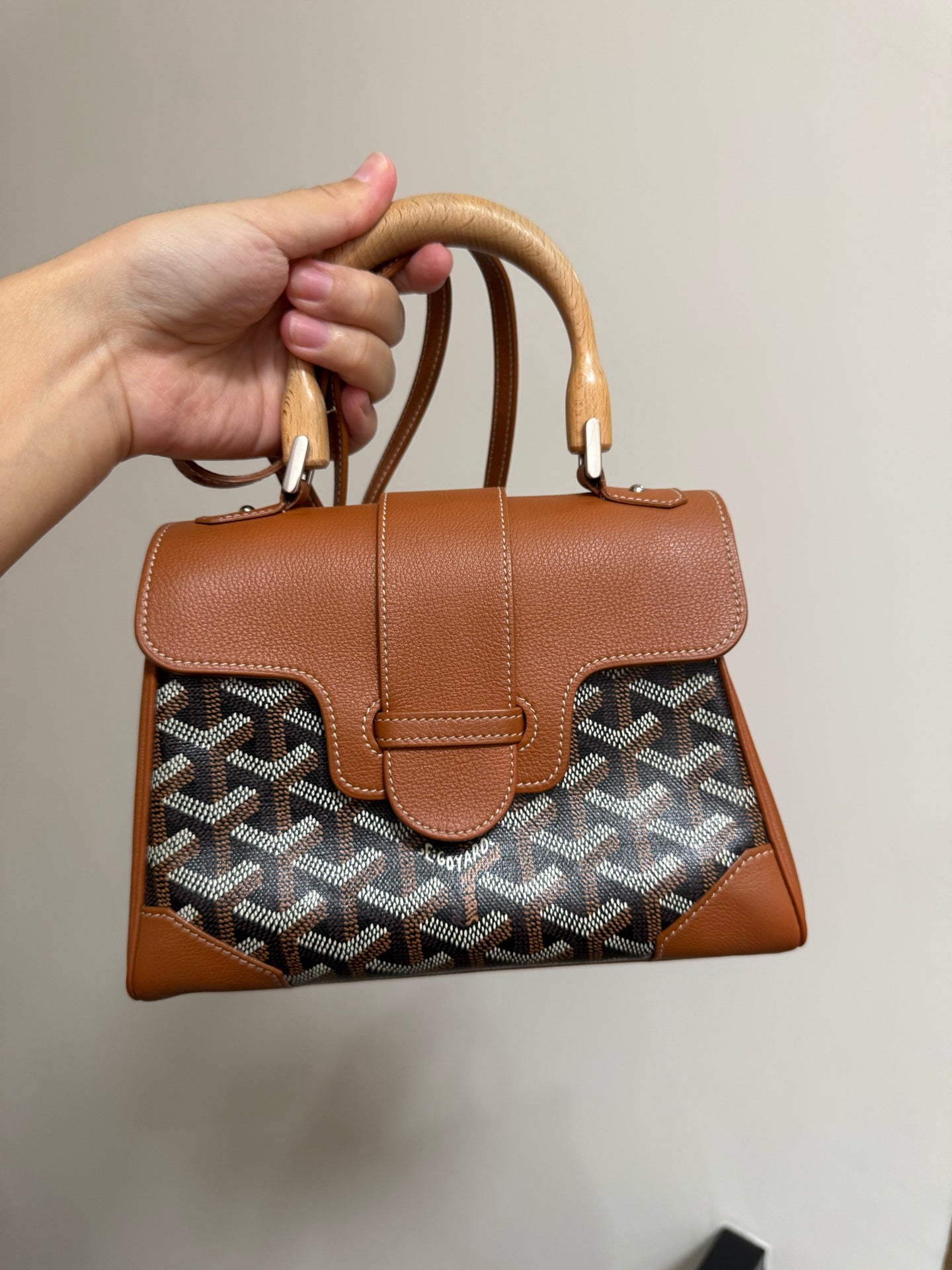Goyard - Saïgon Mini Souple - Goyardine canvas with leather trim and wooden handle - Caramel and Brown - (mini)