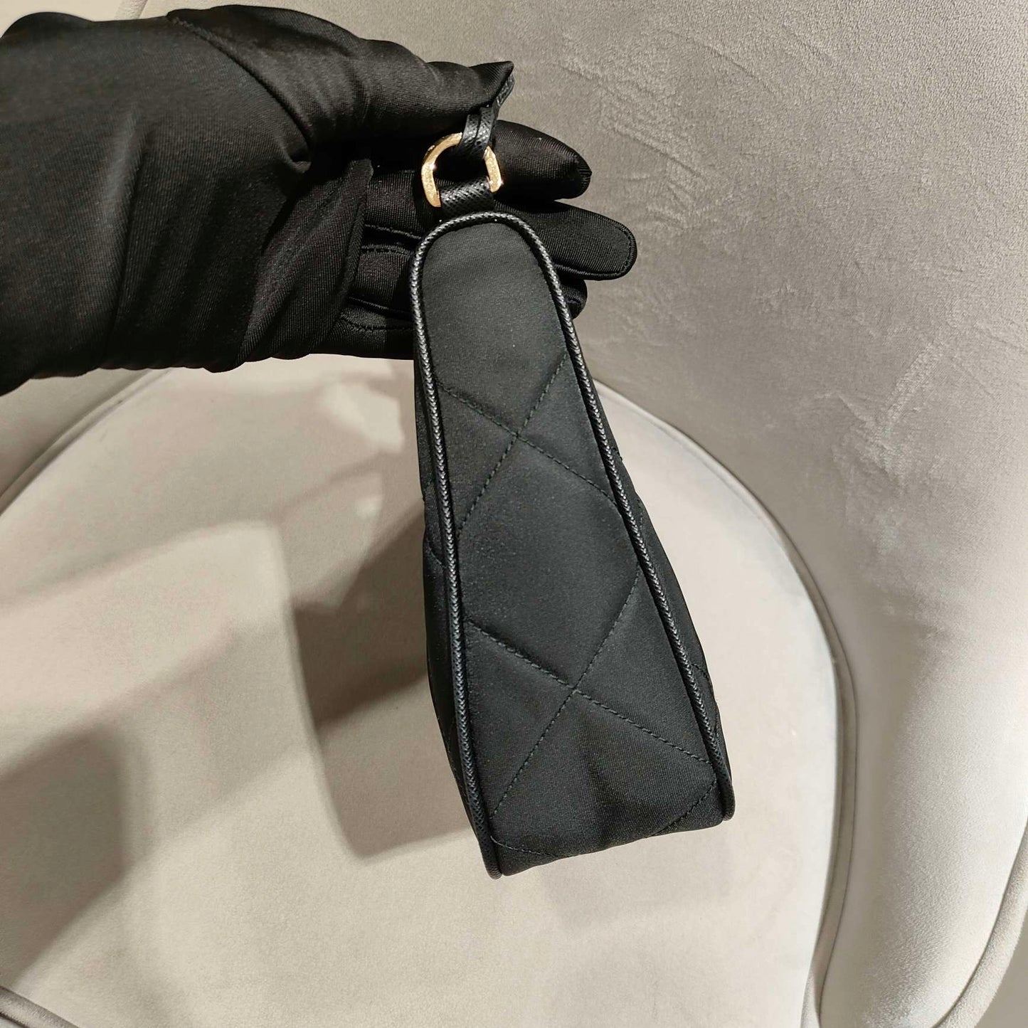 Prada - Re-Edition 1995 Chain Quilted Nylon Handbag - Nylon with Saffiano leather trim - Black with Gold-Tone Hardware - (Small)