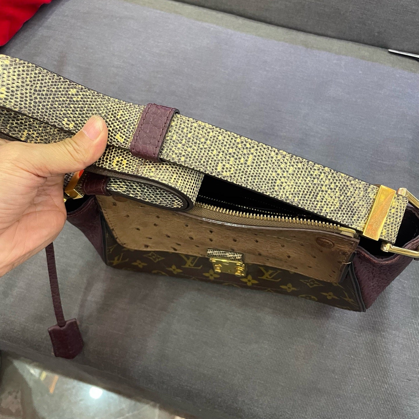 Louis Vuitton - Pallas Limited Edition Exotic Leather Shoulder Bag - Monogram coated canvas, grain leather, ostrich leather, python leather - Brown, Burgundy, Beige - (medium)