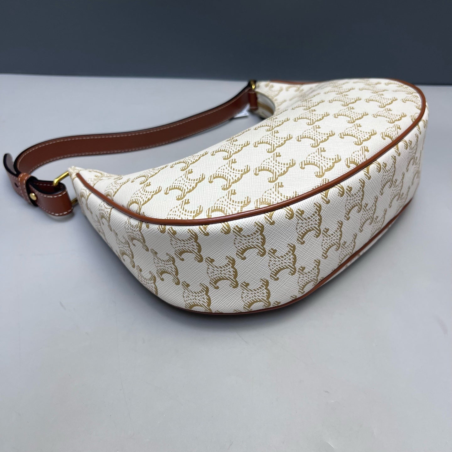 Celine - Ava Triomphe Canvas Shoulder Bag - Coated canvas with leather trim - White with Brown trim - (mini)