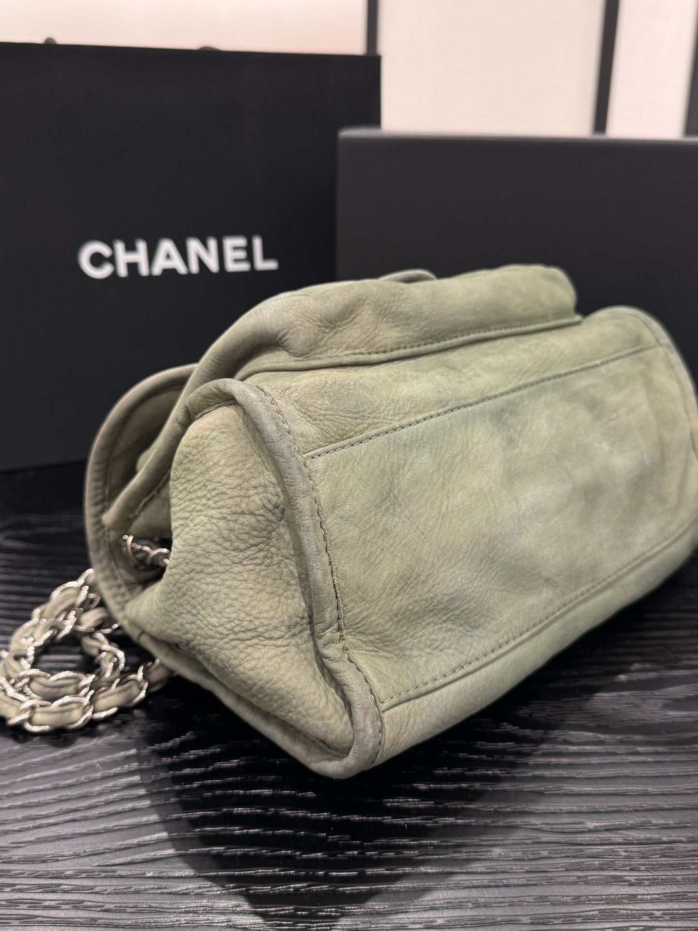 Chanel - Classic Flap Bag - Aged calfskin leather - Muted Sage Green with Silver-Tone Hardware - (small)