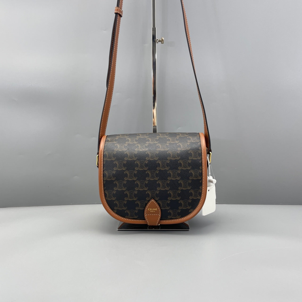 Celine - Triomphe Canvas Saddle Bag - Triomphe coated canvas with tan leather trim - Brown - (mini)
