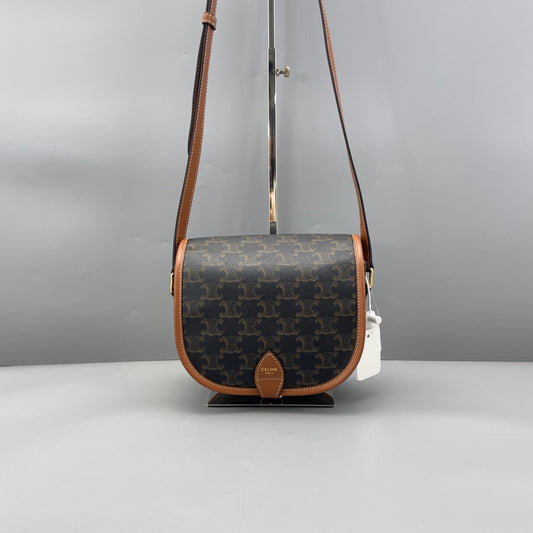 Celine - Triomphe Canvas Saddle Bag - Triomphe coated canvas with tan leather trim - Brown - (mini)