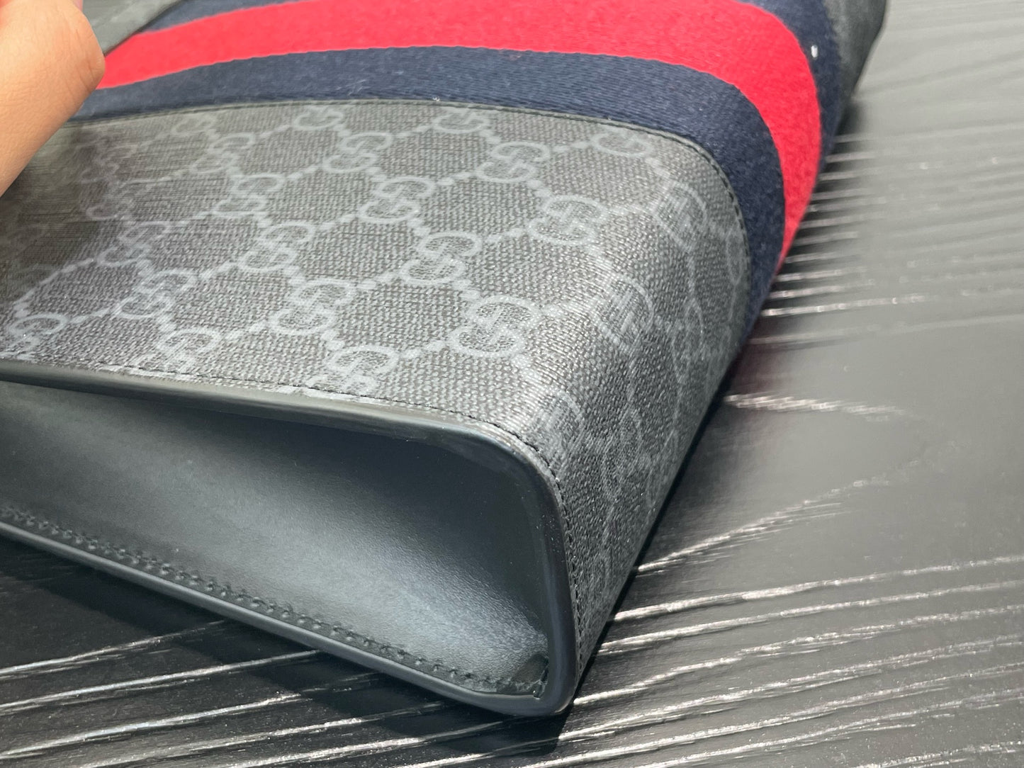 Gucci - GG Supreme Web Stripe Pouch - Coated canvas with leather trim and textile Web stripe - Grey with Red and Blue accents - (Medium)