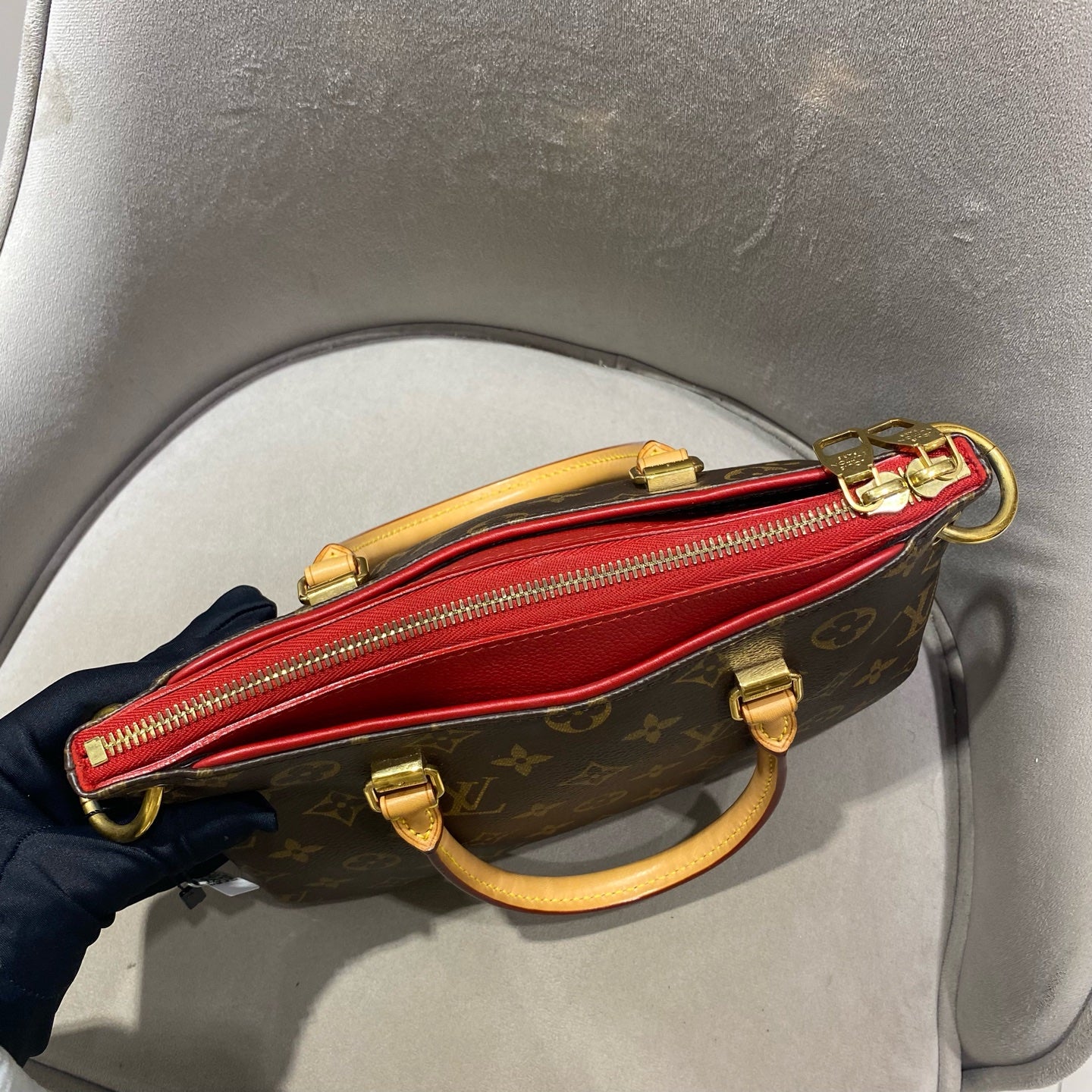 Louis Vuitton - Pallas Monogram - Monogram coated canvas with Vachetta leather trim and red leather lining - Brown with Red Accents - (Small)