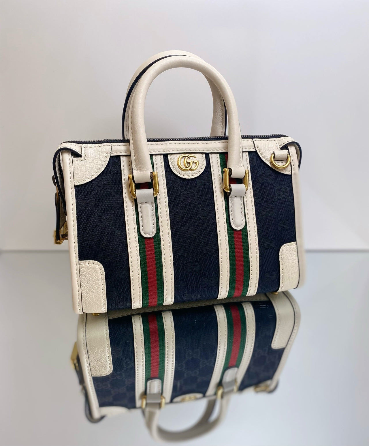 Gucci - Exquisite Top Handle Bag - GG Canvas and Leather - Black with White trim and Red/Green Web - (mini)