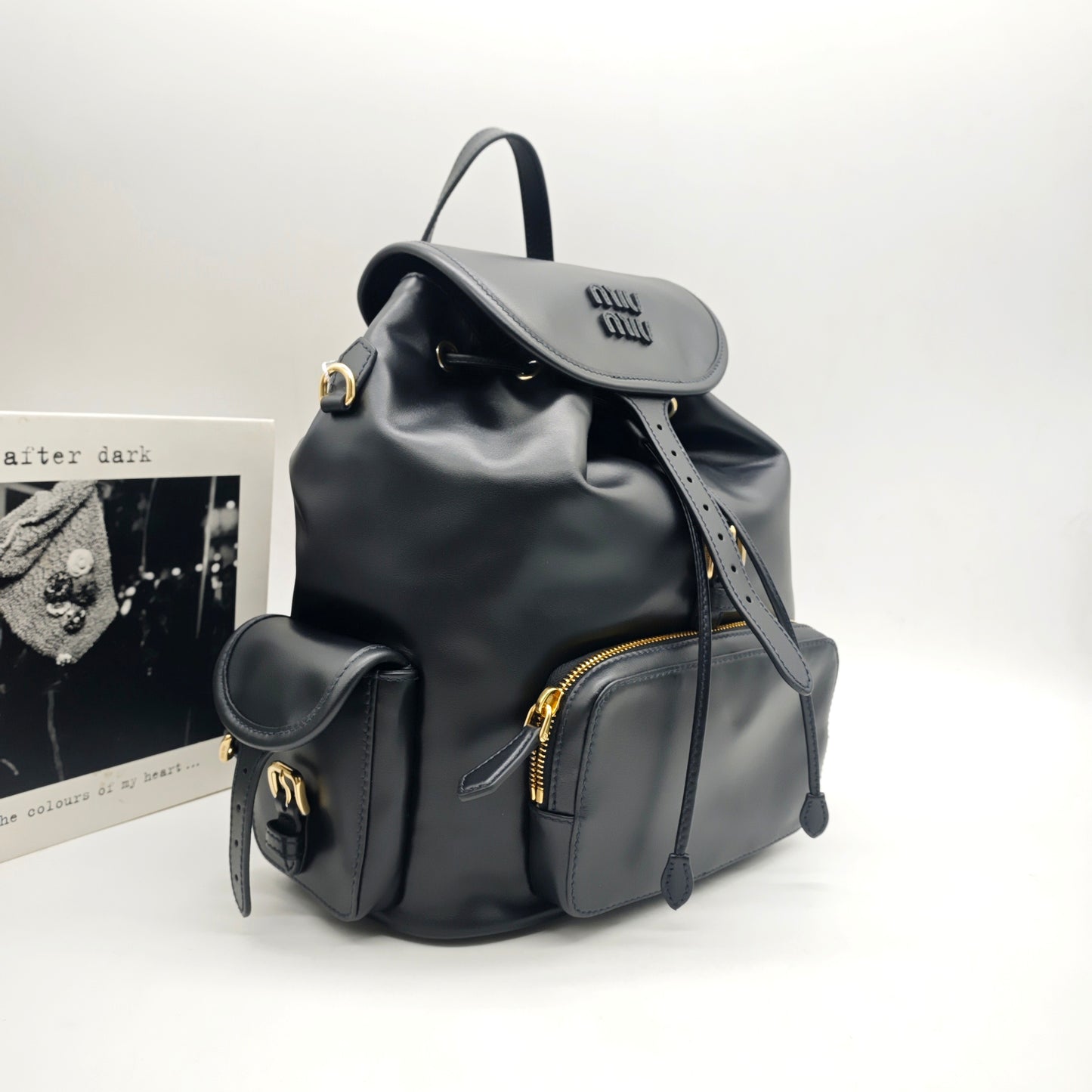 Miu Miu - Drawstring Flap Backpack - Leather - Black - (medium)
