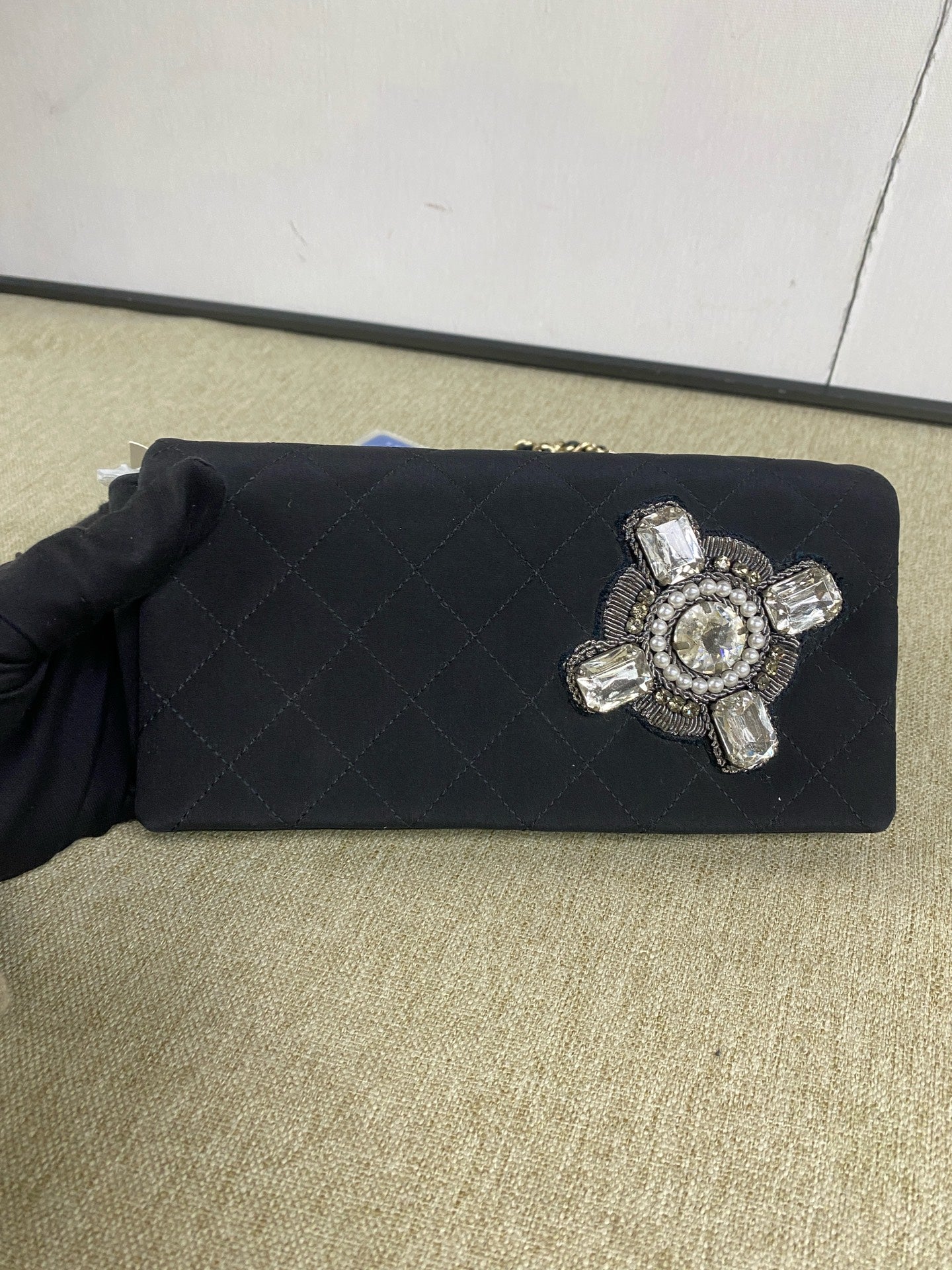 Chanel - WOC (Wallet on Chain) with Pearl and Rhinestone Embellishment - Fabric - Black - (Mini)