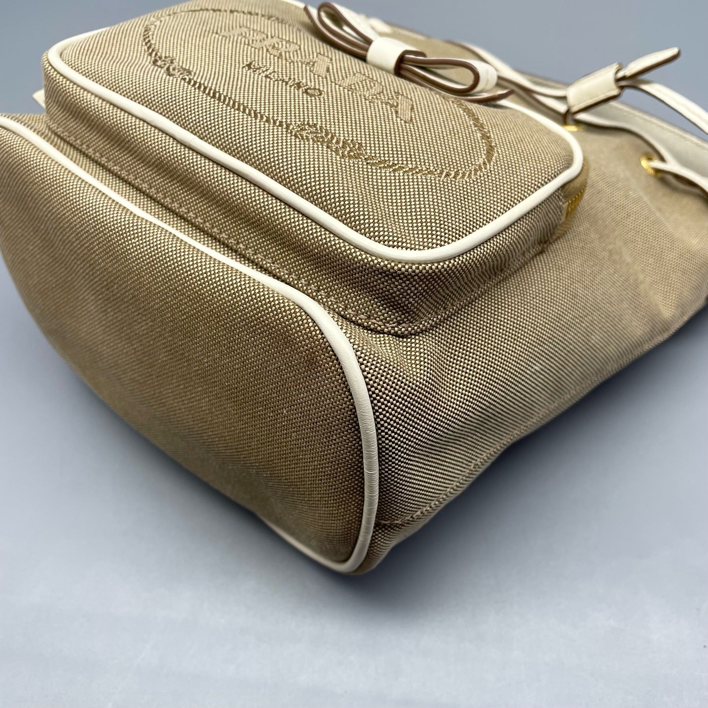 Prada - Drawstring Bucket Bag - Canvas with leather trim - Beige - (Small)