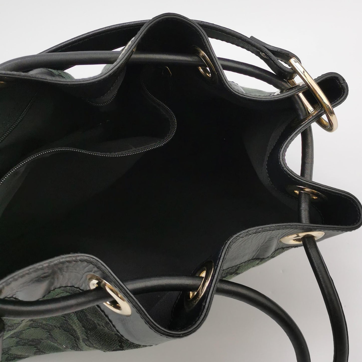 Gucci - GG Monogram Canvas Drawstring Bucket Bag - Canvas with leather trim - Dark Green with Black Trim - (Medium)