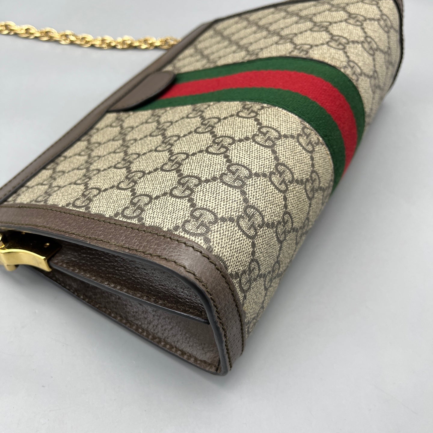 Gucci - Ophidia Chain Bag - GG Supreme coated canvas with leather trim - Ebony (Beige and Brown) with Red and Green Web - (mini)