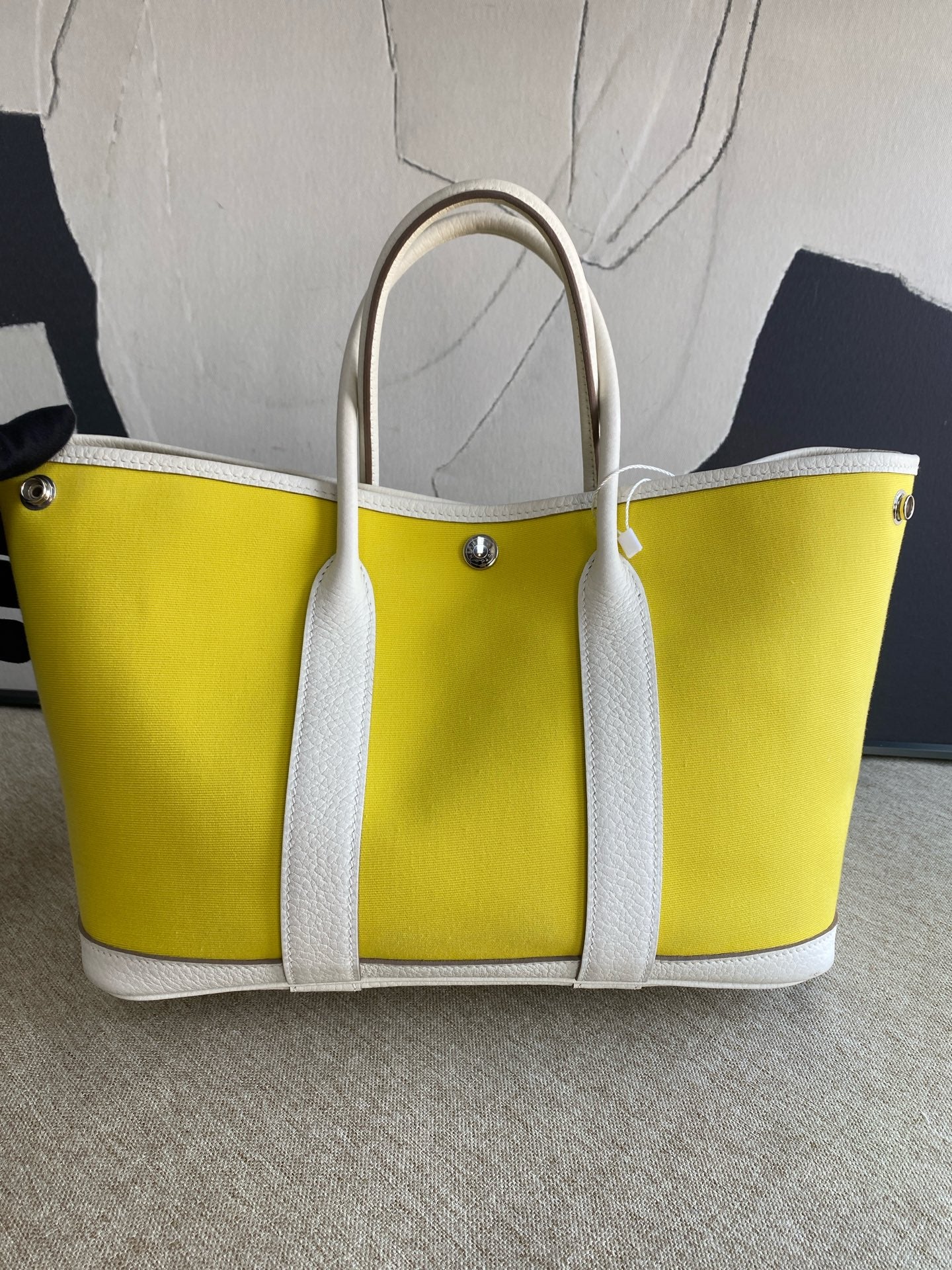 Hermès - Garden Party 30 - Canvas with Leather Trim - Lemon Yellow and White - (Medium)