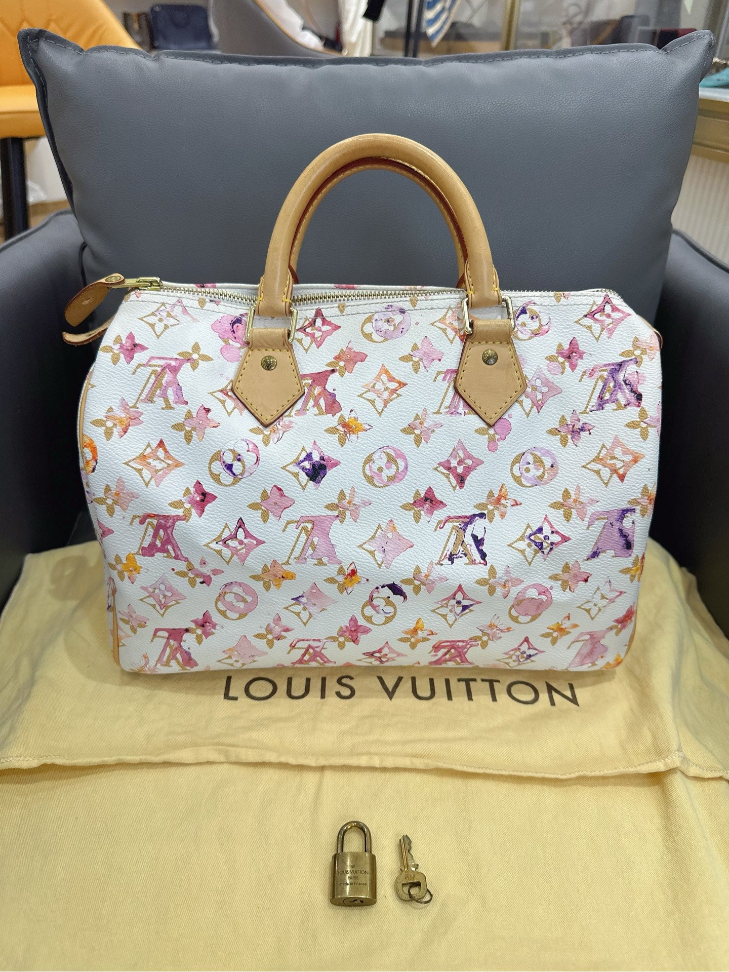 Louis Vuitton - Speedy 30 Watercolor - Coated canvas with Vachetta leather trim - White with Multicolour print - (Medium)