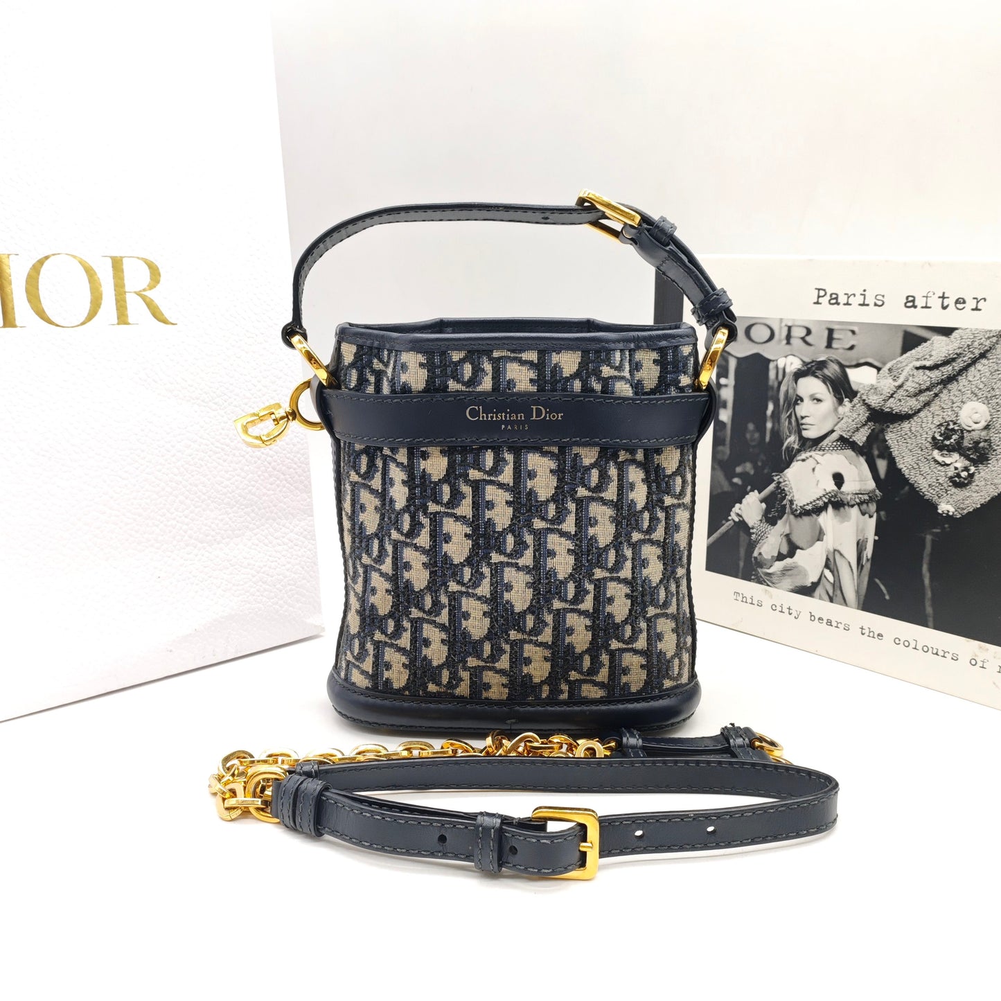Dior - Dior Oblique Embroidered Mini Bucket Bag - Embroidered canvas with calfskin leather trim - Navy - (mini)