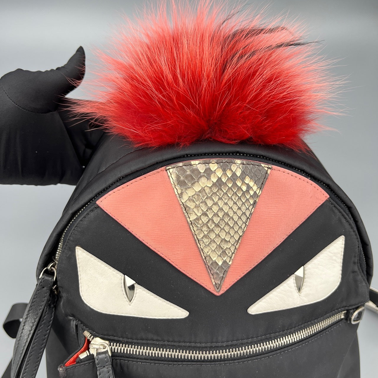 Fendi - Monster Backpack - Nylon, Leather, Python skin, Fur - Black - (mini)