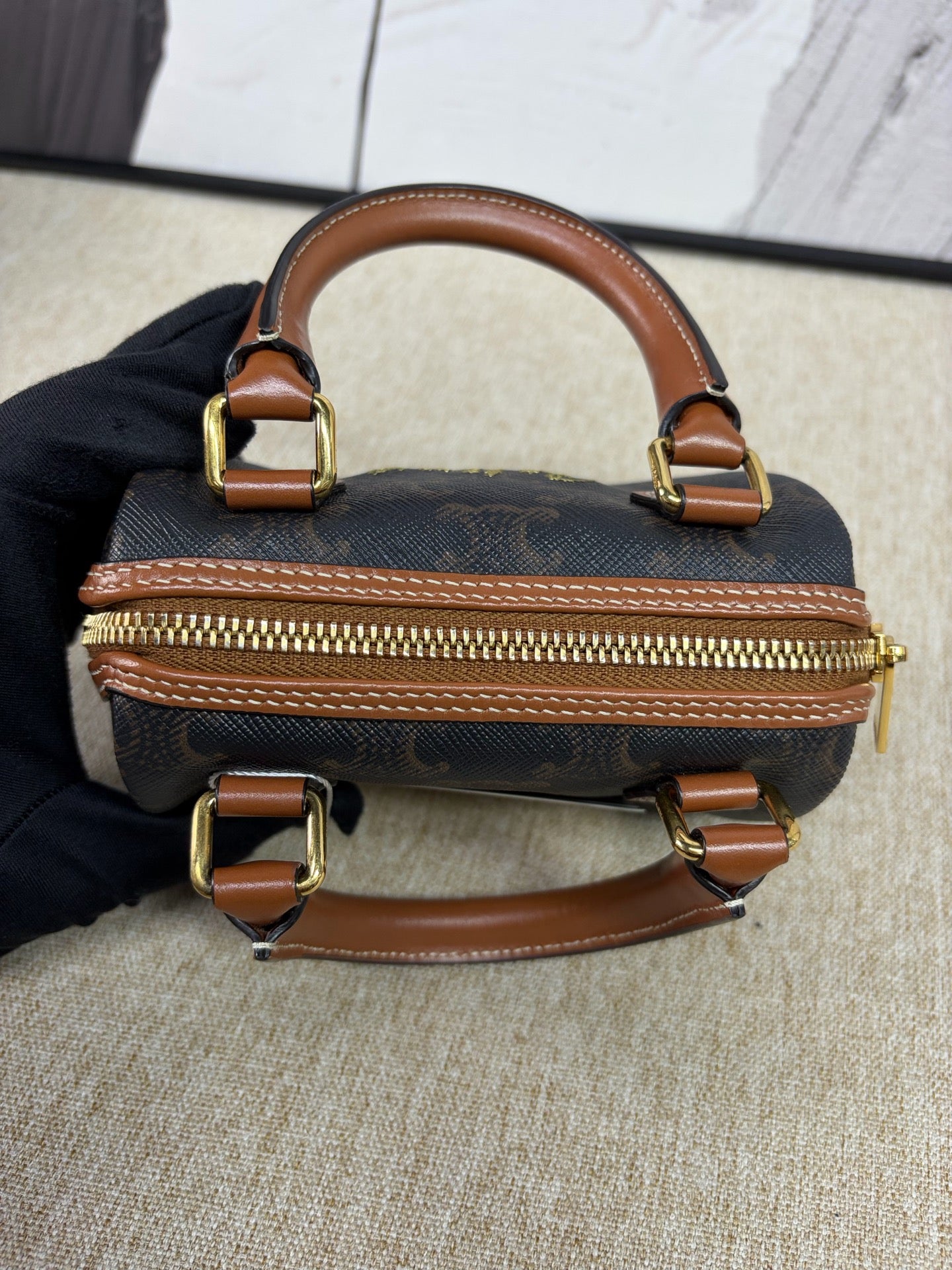Celine - Triomphe Embroidered Mini Boston Bag - Triomphe coated canvas with leather trim - Brown - (mini)
