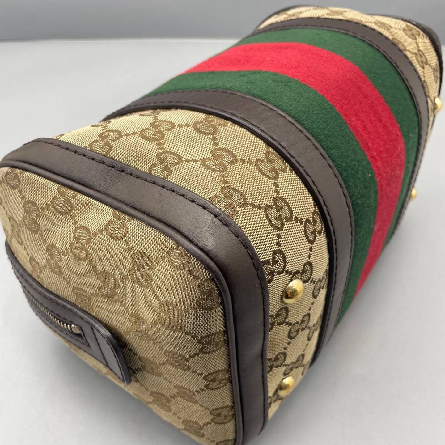Gucci - Boston Bag - GG Monogram Coated Canvas with Leather Trim - Beige and Brown with Red and Green Accents - (small)