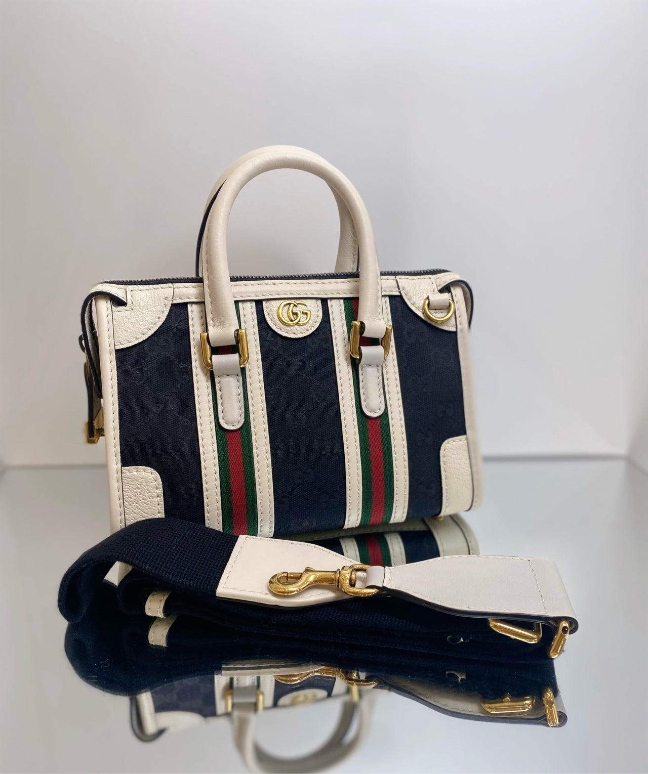 Gucci - Exquisite Top Handle Bag - GG Canvas and Leather - Black with White trim and Red/Green Web - (mini)