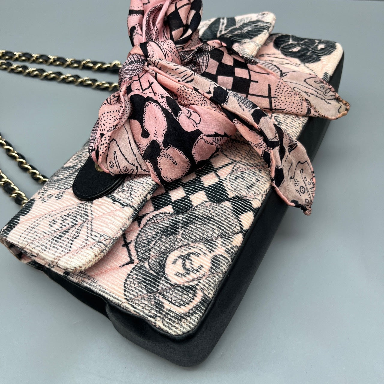 Chanel - Classic Flap Camellia Series Chain Bag with Silk Scarf Detail - Quilted textile with leather trim - Pink and Black - (Medium)