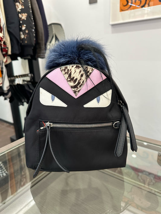 Fendi - Mini Monster Backpack - Synthetic fabric, Mink fur, Leather - Black with Blue, Pink and White accents - (mini)