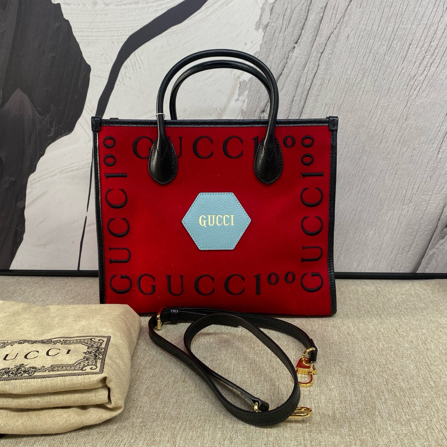 Gucci - 100th Anniversary Tote Bag - Velvet and Leather - Red - (medium)