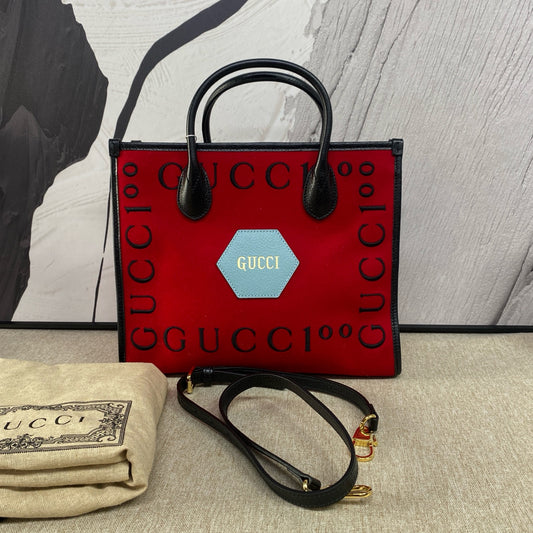 Gucci - 100th Anniversary Tote Bag - Velvet and Leather - Red - (medium)