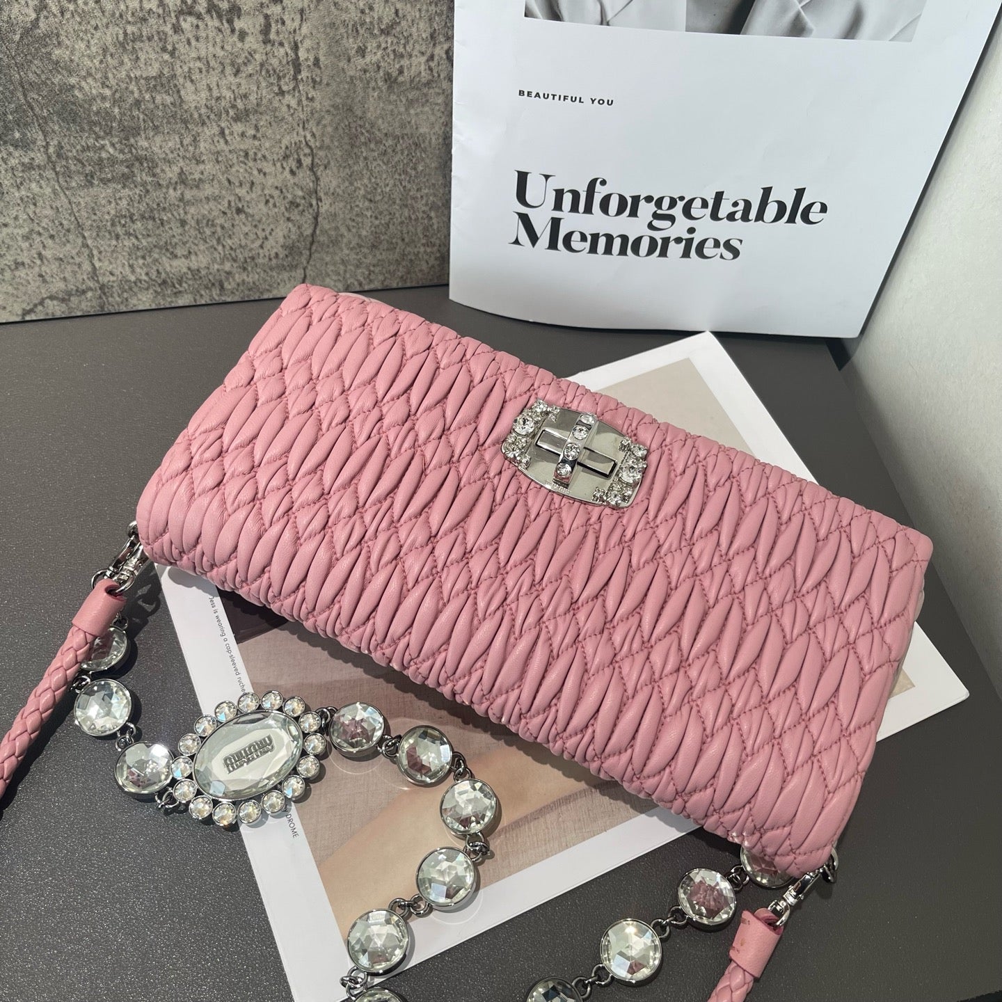 Miu Miu - Matelassé Crystal Chain Bag - Lambskin leather - Pink - (small)