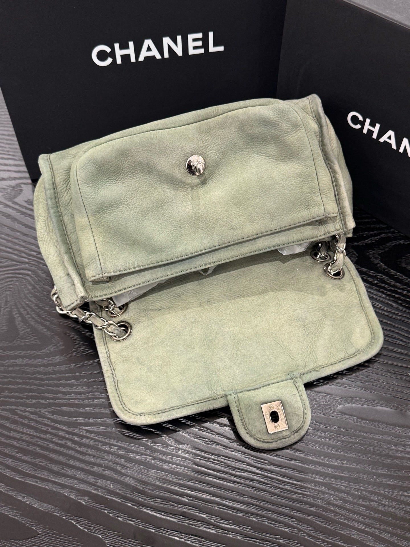 Chanel - Classic Flap Bag - Aged calfskin leather - Muted Sage Green with Silver-Tone Hardware - (small)