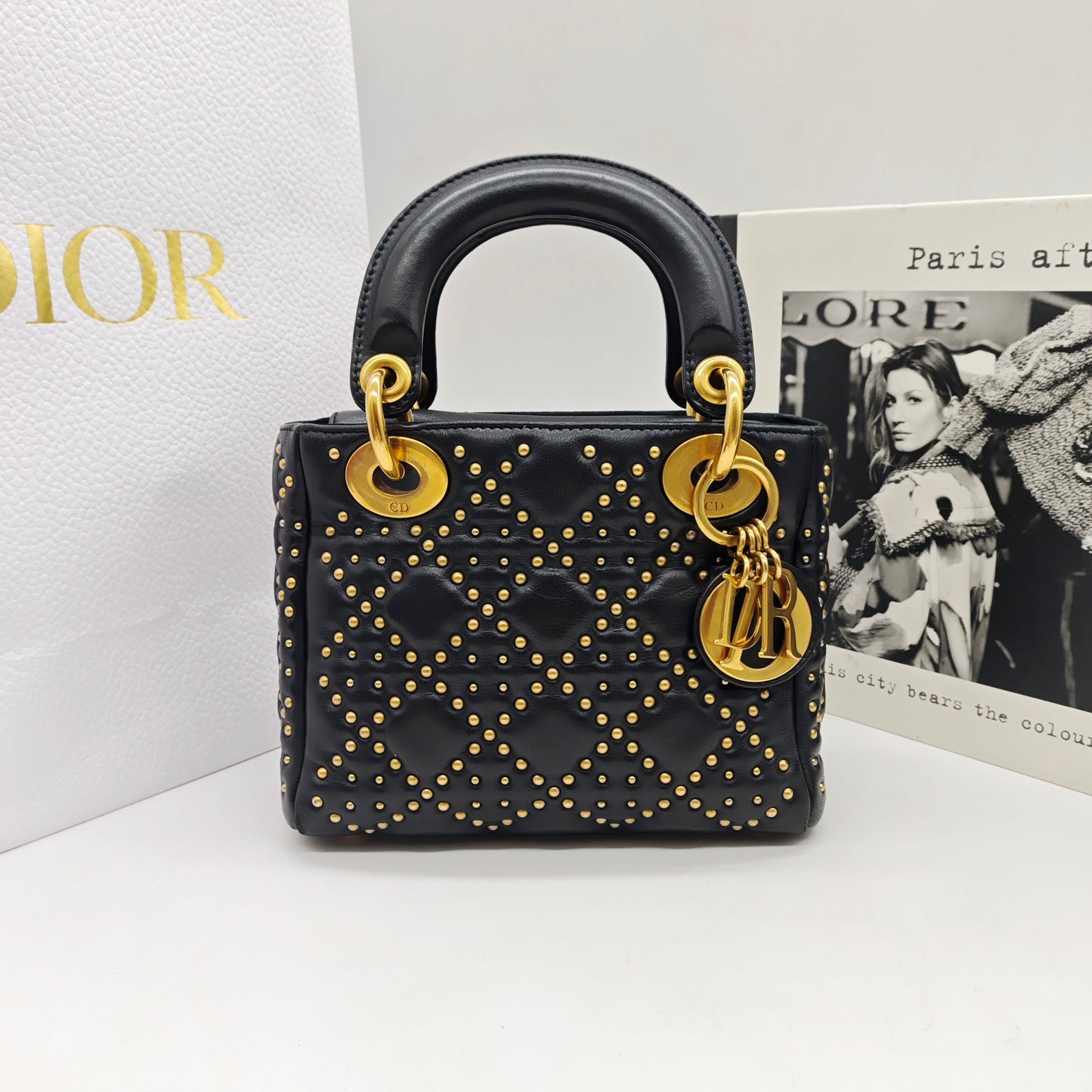 Dior - Lady Dior (Studded) - Lambskin leather with gold-tone rivets - Black - (Mini)