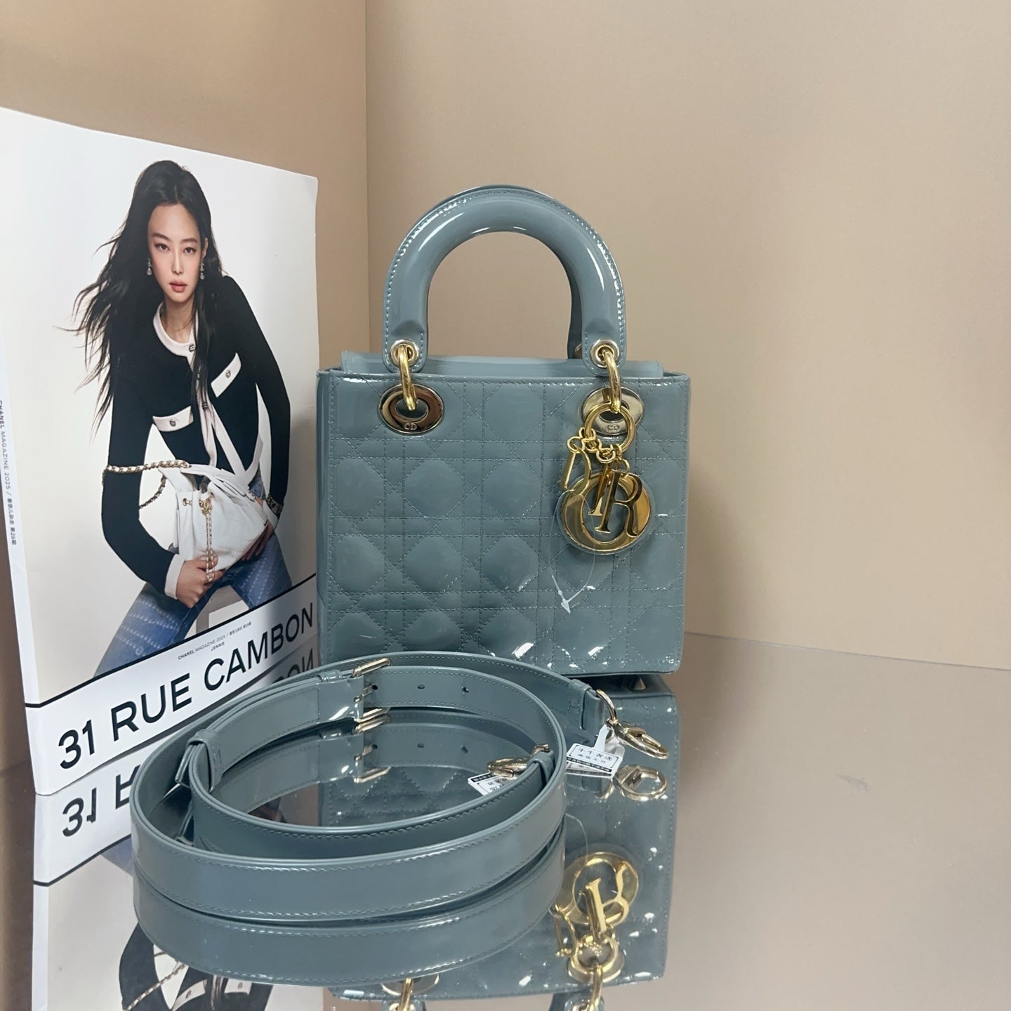 Dior - Lady Dior - Patent leather - Slate Blue with Gold-Tone Hardware - (small)