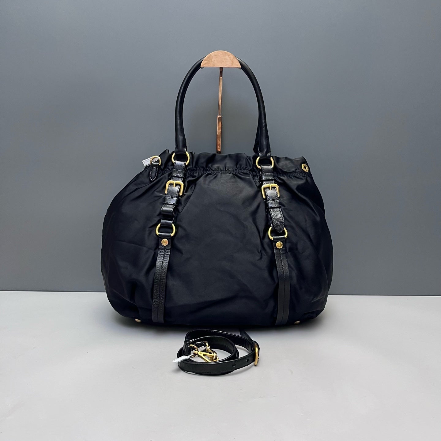 Prada - Gathered Nylon Tote Bag - Nylon with Leather Trim - Black - (large)