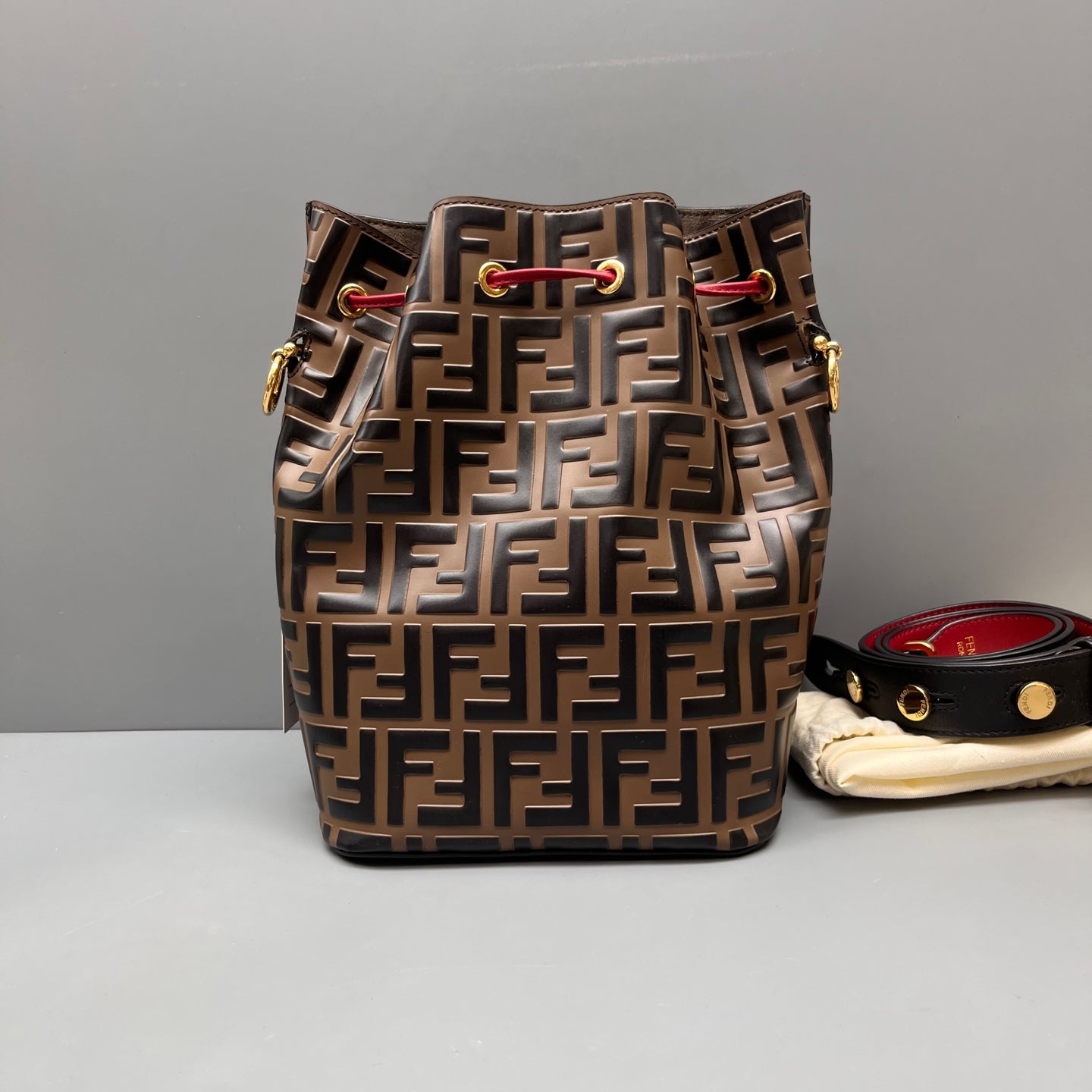 Fendi - Monogram Color-block Drawstring Bucket Bag - Coated canvas with leather trim - Brown with Black and Red accents - (Small)