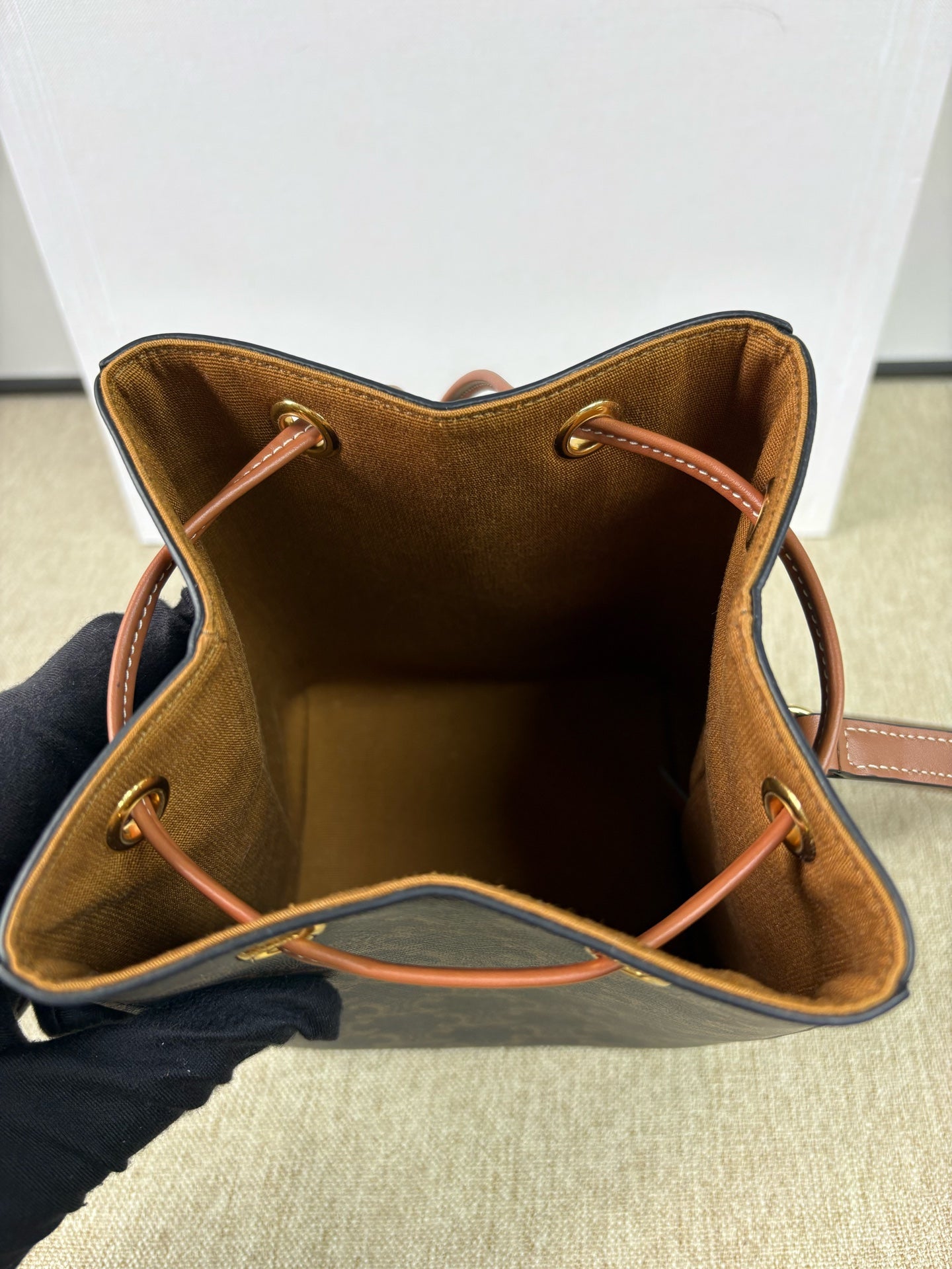 Celine - Sailor Bucket Bag - Triomphe coated canvas with calfskin leather trim and canvas lining - Black and Brown - (mini)