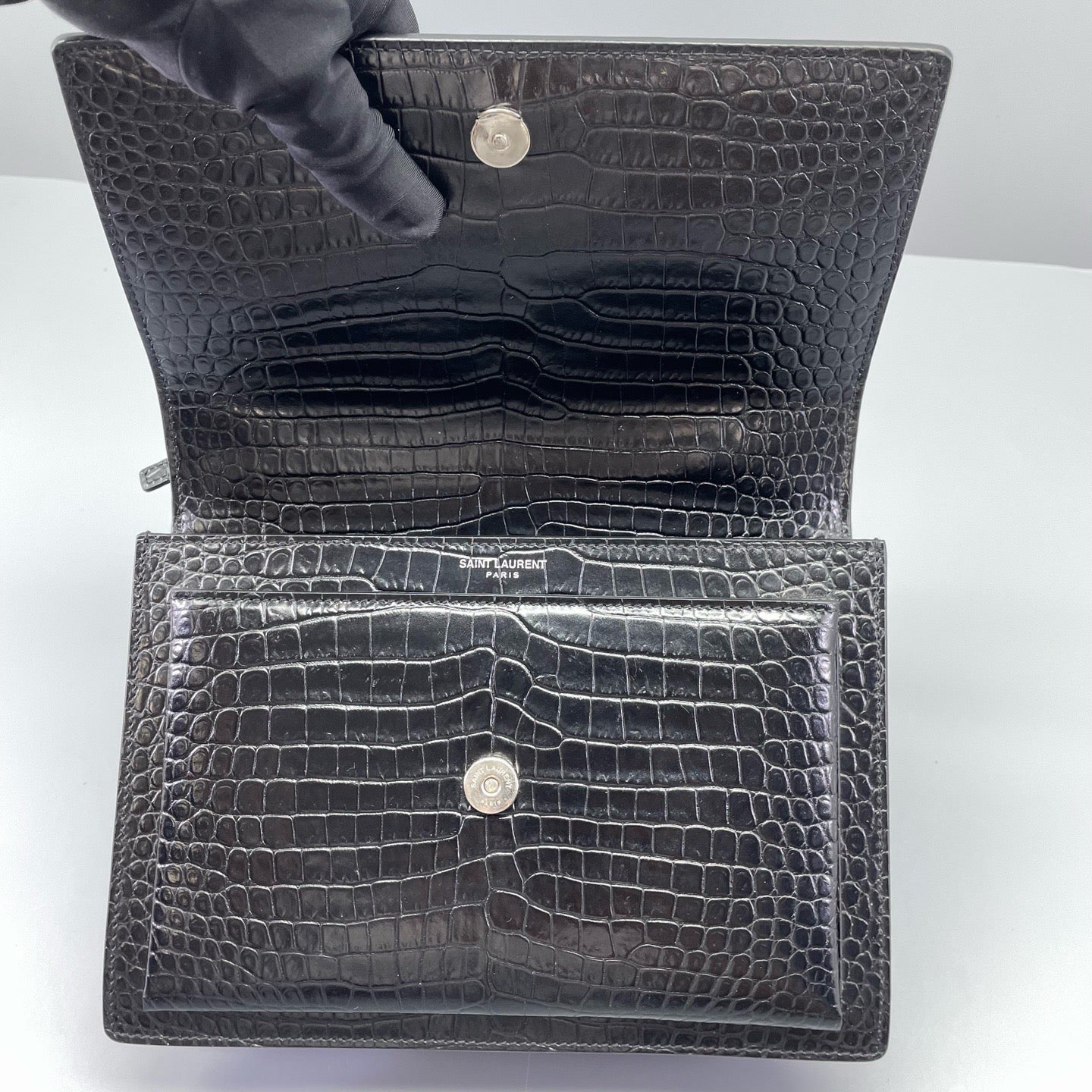 Saint Laurent - Sunset - Calfskin leather with crocodile embossing - Black - (Medium)