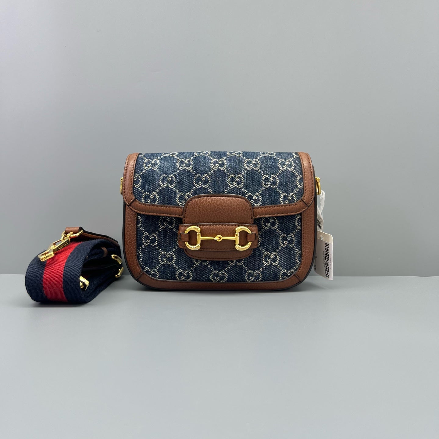 Gucci - Horsebit 1955 Mini - Denim and pebbled leather - Blue with brown trim - (mini)