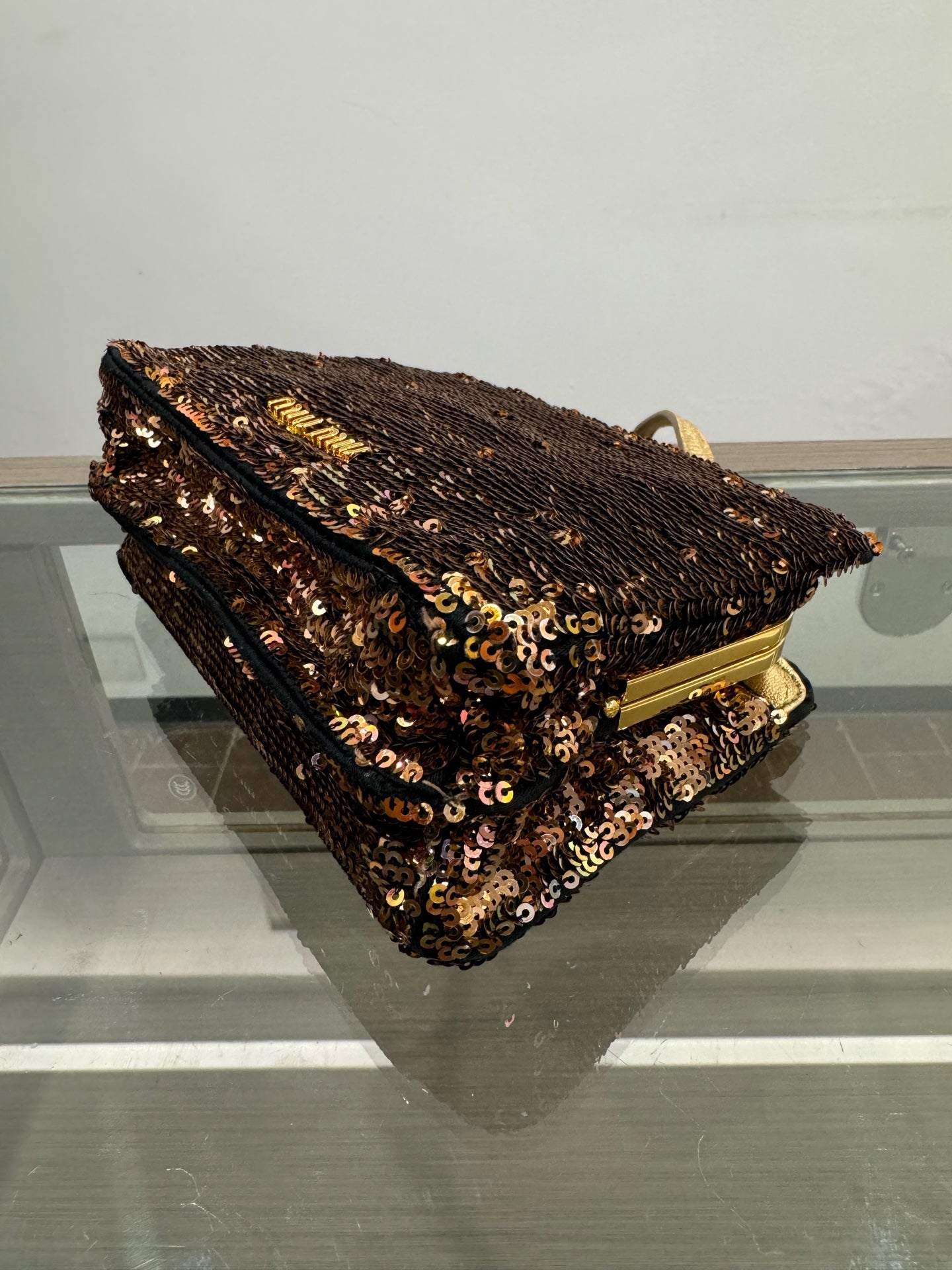 Miu Miu - Sequined Runway Shoulder Bag with Gemstone Clasp - Sequins on textile with leather trim and gold-tone metal frame - Multicolour (predominantly pink and gold iridescent sequins) - (mini)