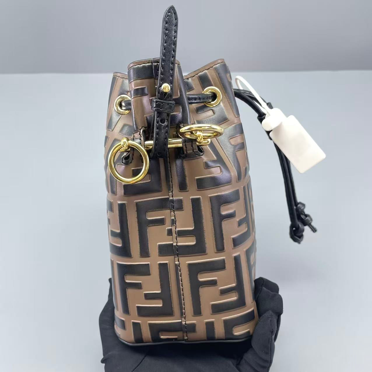 Fendi - Mini Bucket Bag - Embossed FF leather with smooth leather trim - Brown - (mini)