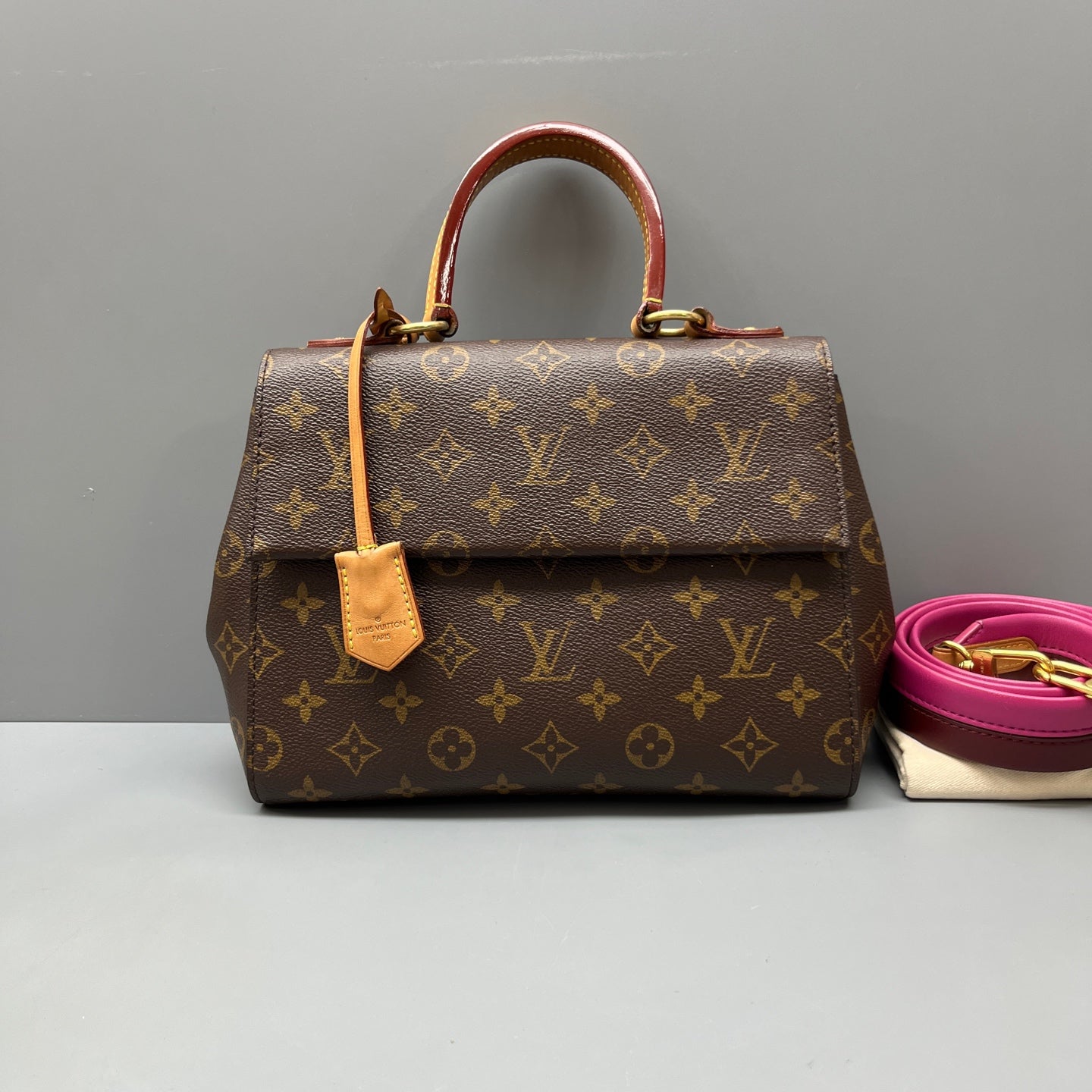 Louis Vuitton - Cluny BB - Monogram coated canvas with leather trim - Brown (Monogram canvas), Fuchsia (strap), Burgundy (strap underside), Natural (Vachetta leather) - (small)