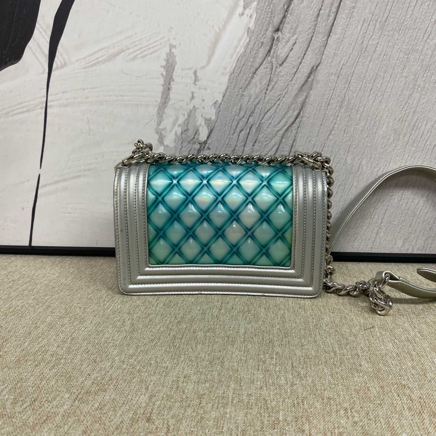 Chanel - Le Boy Mermaid Iridescent Chain Bag - Pearlescent PVC and leather - Blue and Silver Bicolor - (Mini)