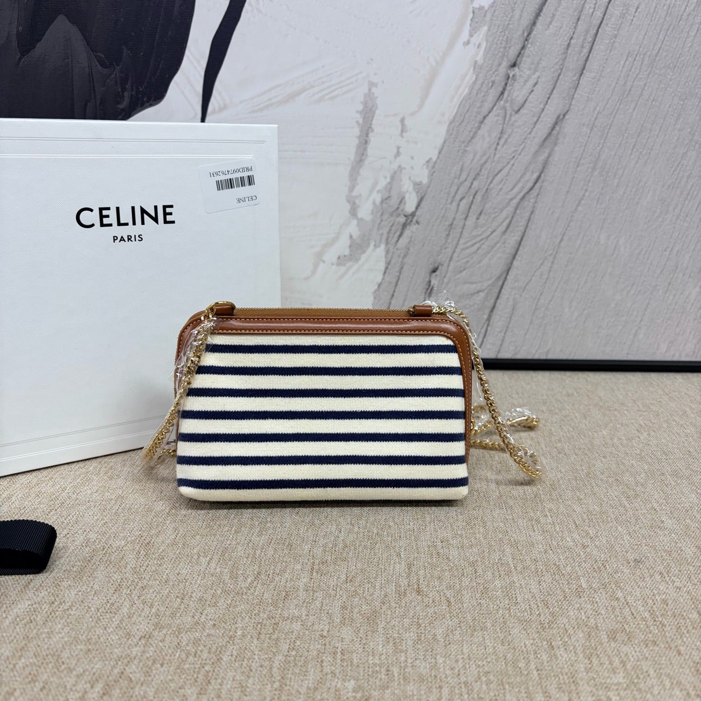 Celine - Triomphe Nautical Stripe Clutch on Chain - Canvas and Leather - Blue, White, Brown - (Mini)