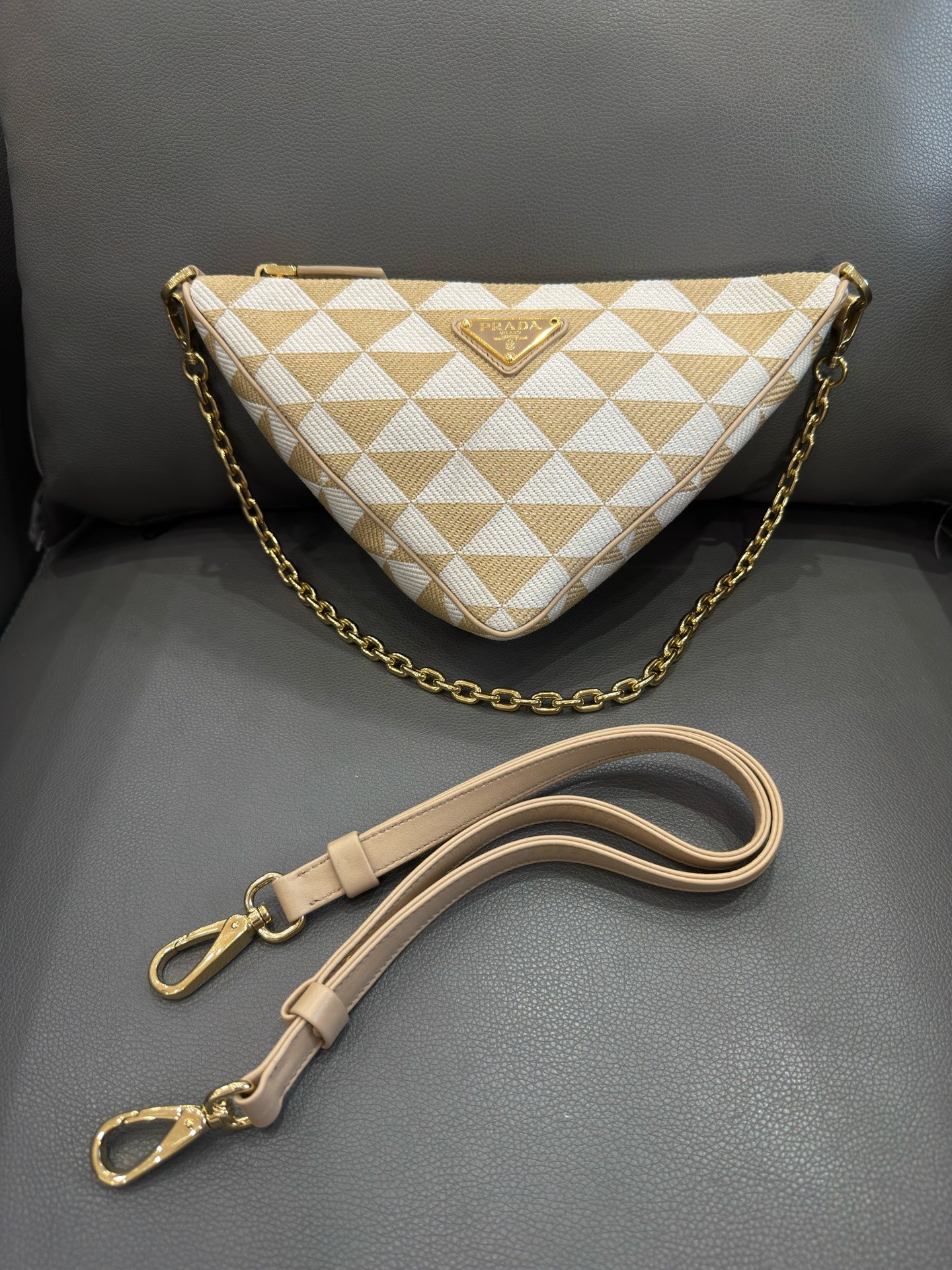 Prada - Triangle Bag - Cloth and Leather - Beige - (mini)