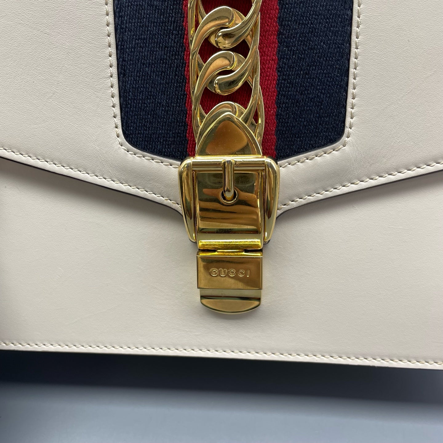 Gucci - Sylvie - Leather - White with Navy, Red, and Blue Web Stripe - (medium)