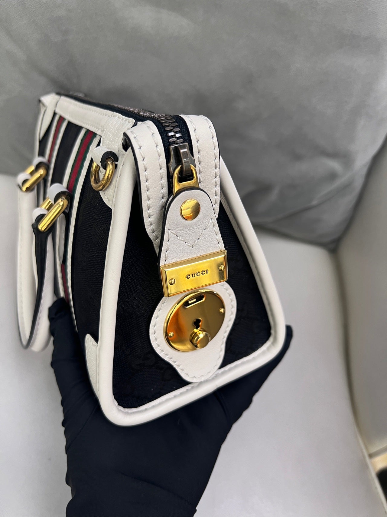 Gucci - Exquisite Top Handle Bag - GG Canvas and Leather - Black with White trim and Red/Green Web - (mini)