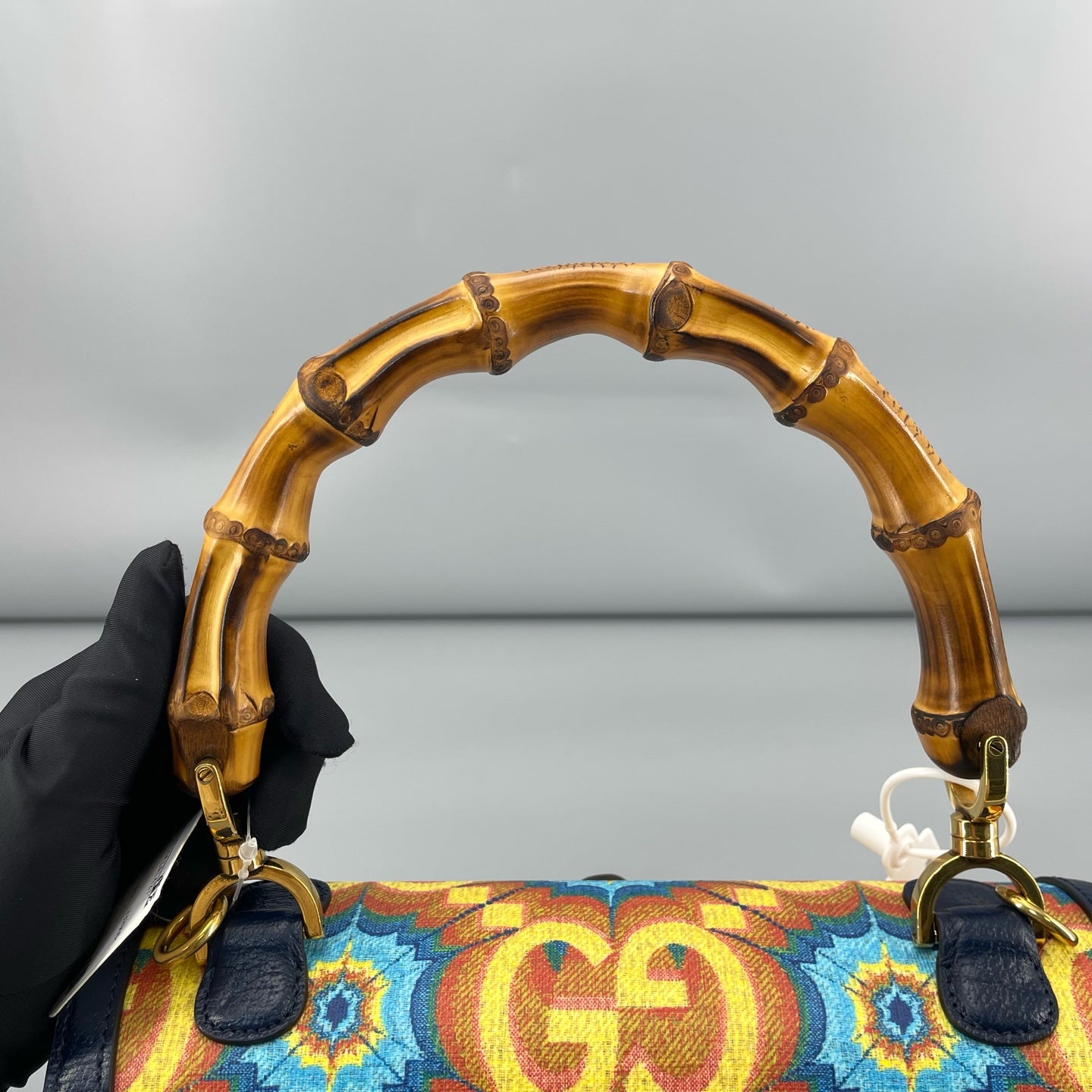 Gucci - 100th Anniversary Limited Edition Bamboo Bag - Grained leather and Canvas - Navy (with Multicolour pattern) - (Small)