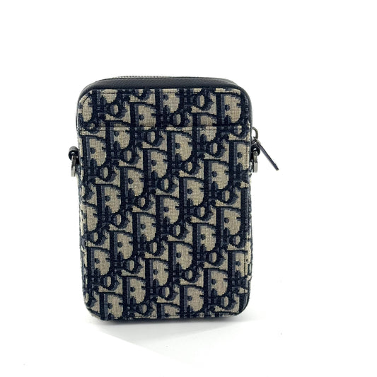 Dior - Oblique Canvas Vertical Phone Pouch - Canvas and Leather - Blue and Beige with Black trim - (mini)