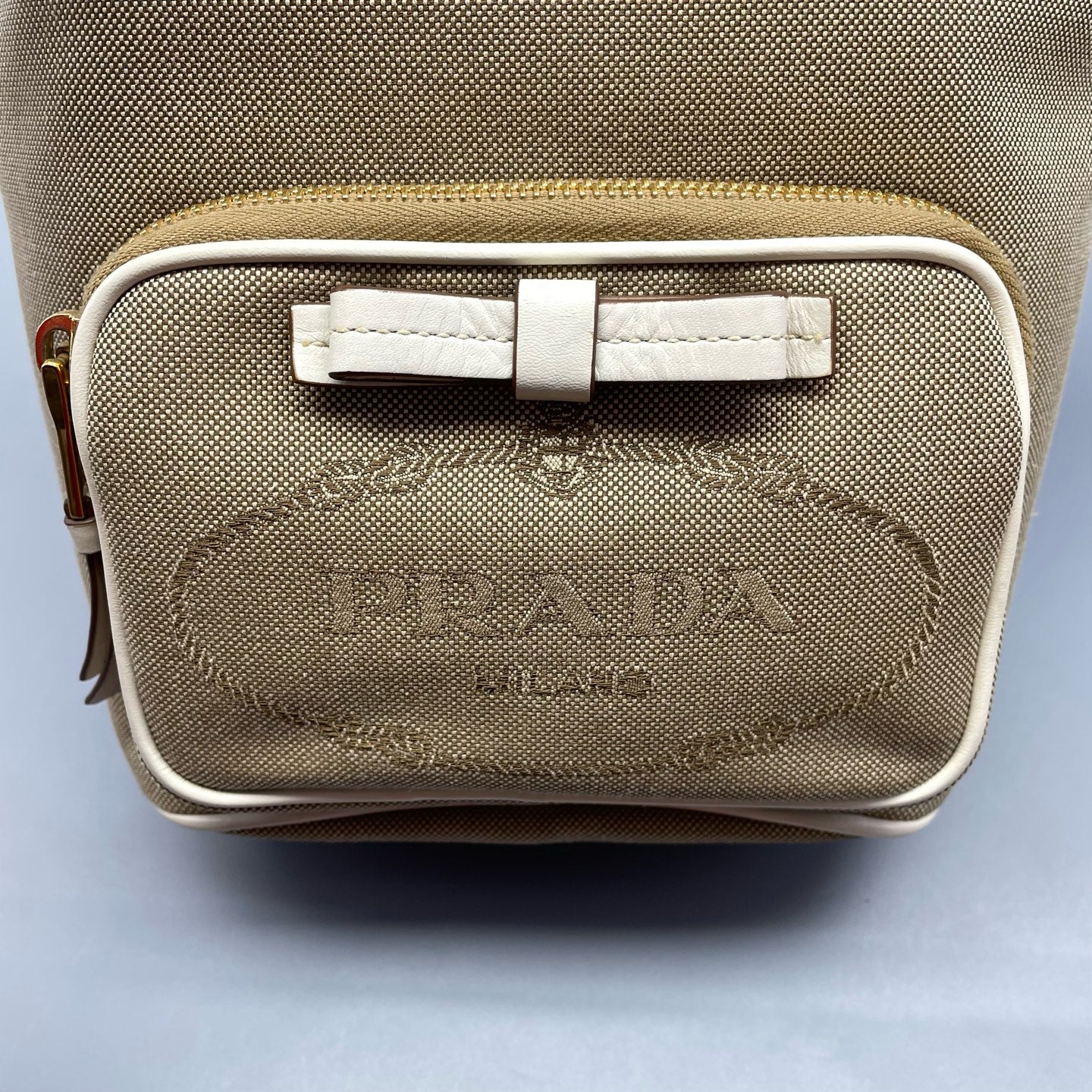 Prada - Drawstring Bucket Bag - Canvas with leather trim - Beige - (Small)