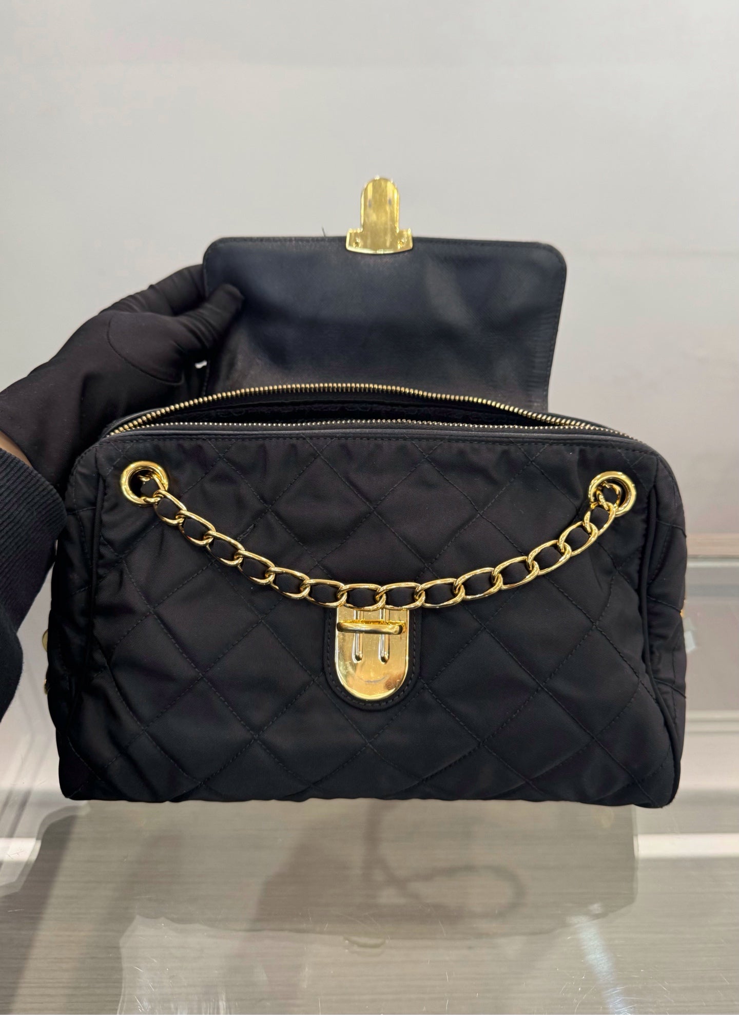 Prada - Quilted Nylon Chain Shoulder Bag - Technical fabric - Black - (Small)