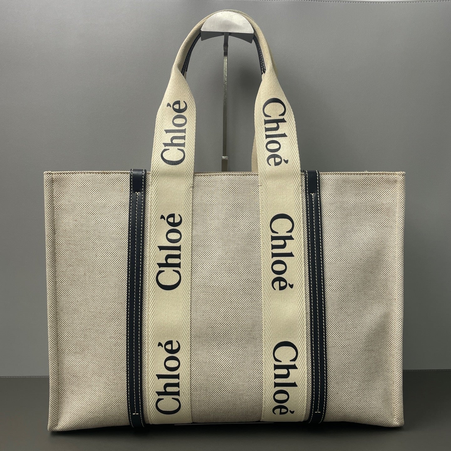 Chloé - Woody Tote Bag - Linen canvas with leather trim - Beige with Black accents - (large)